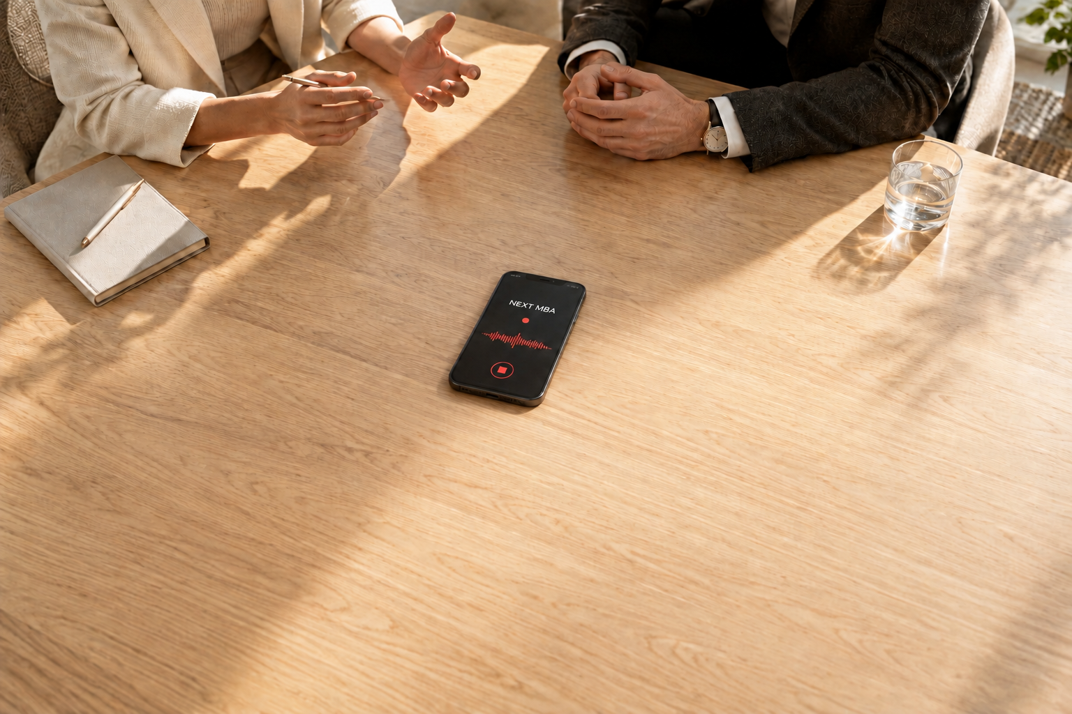 Two colleagues talking with a phone lying flat on the table, recording their meeting