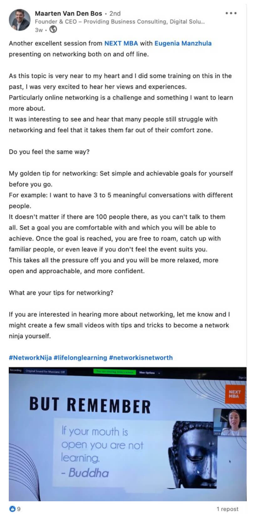 A post describing an excellent NEXT MBA session with Eugenia Manzhula and sharing lessons about networking.