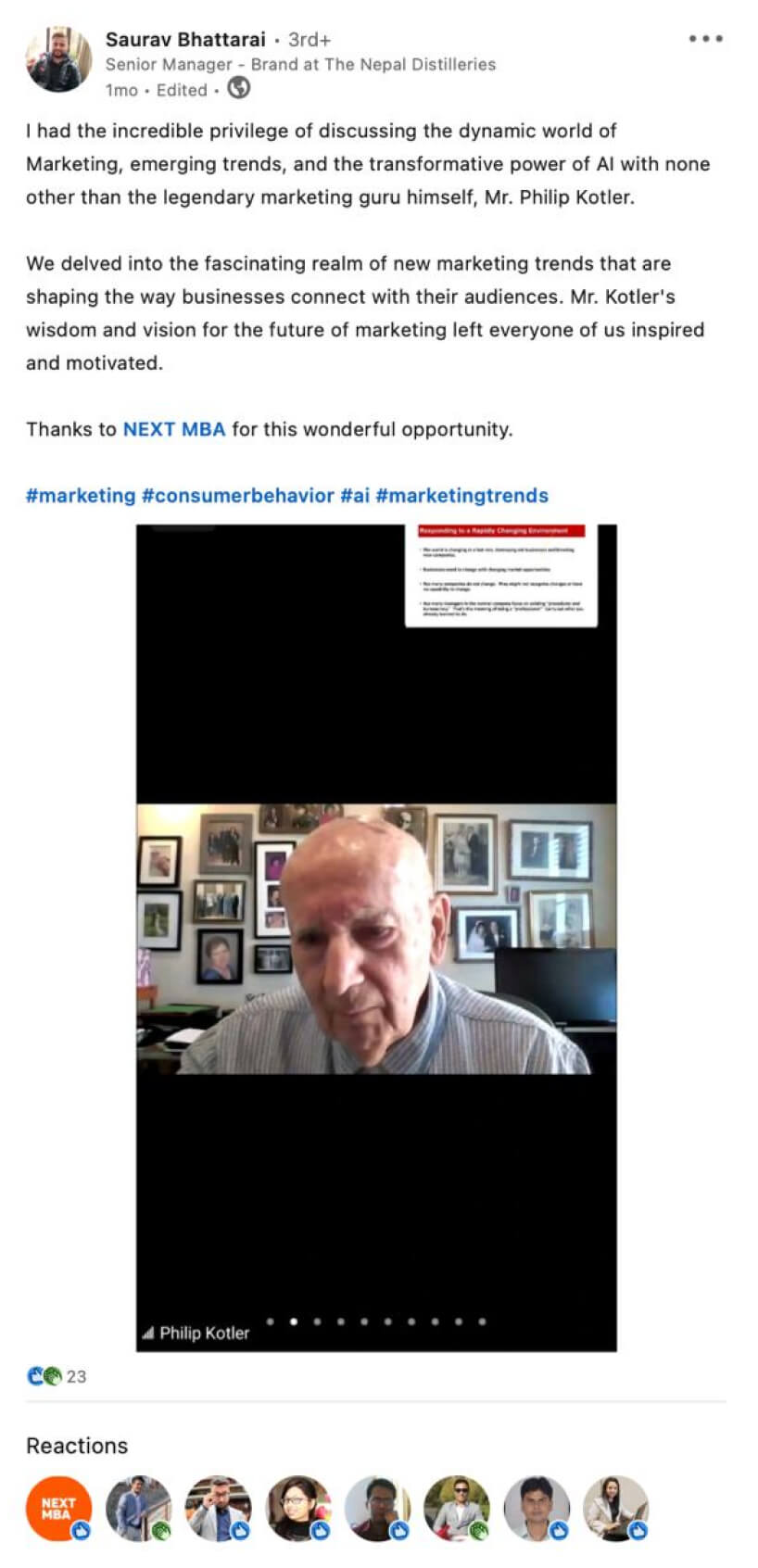 A post thanking NEXT MBA for a discussion with Philip Kotler about marketing trends and AI, with a photo from the live session.